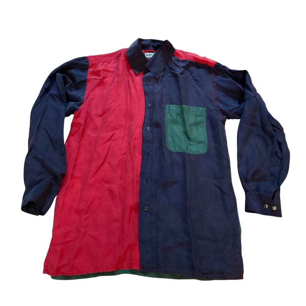 Robert Stock Vintage 100% Silk Colorblock Button Down Shirt Navy Red Green M